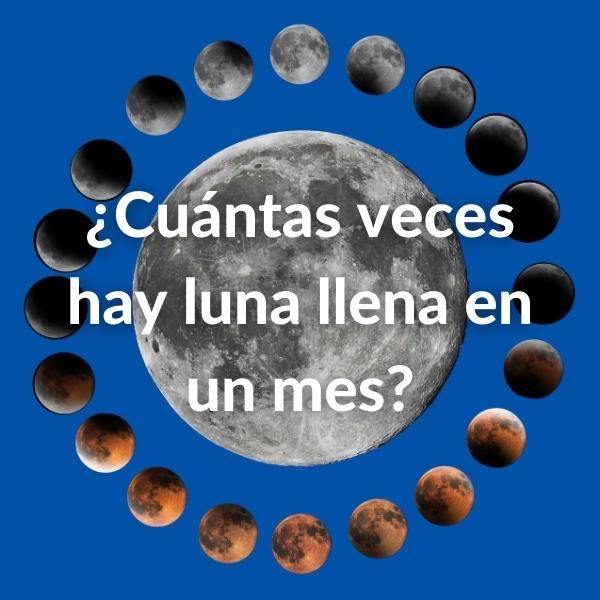 Imagen de la Luna y todas sus fases a lo largo de su ciclo, sobre un fondo azul. Contiene la pregunta sobre impresa con letras de color blanco: ¿Cuántas veces hay luna llena en un mes?
