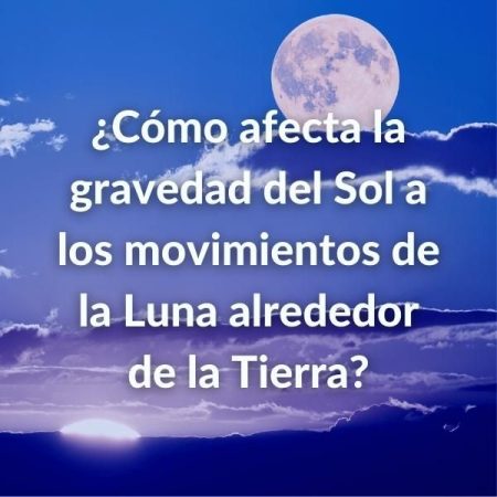 Foto desde la Tierra donde se ve a la Luna llena mientras el Sol sale por el horizonte, con el texto sobre impreso: ¿Cómo afecta la gravedad del Sol a los movimientos de la Luna alrededor de la Tierra?