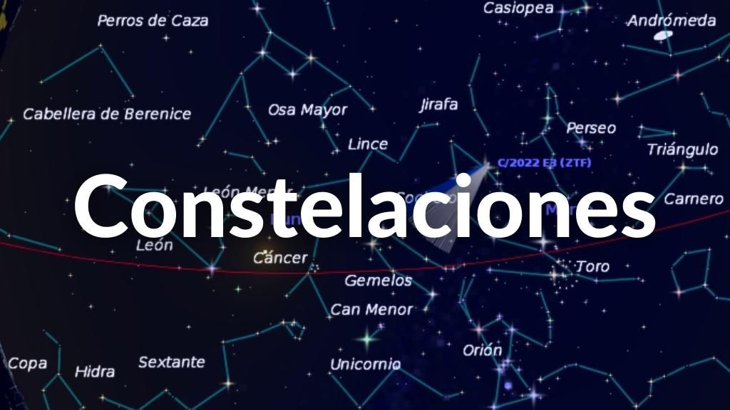 Términos astronómicos en un diccionario de astronomía con un glosario de palabras para mejorar tus observaciones del cielo 25 Imagen de una constelación del cielo nocturno estrellado, con texto sobreimpreso: Constelaciones.